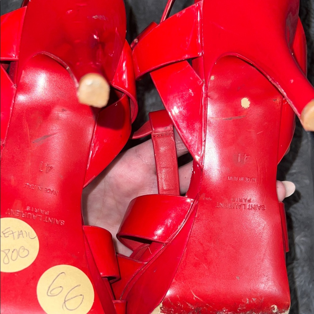 YSL Saint Laurent Red Patent Strappy Platform Heels - Picture 8 of 13